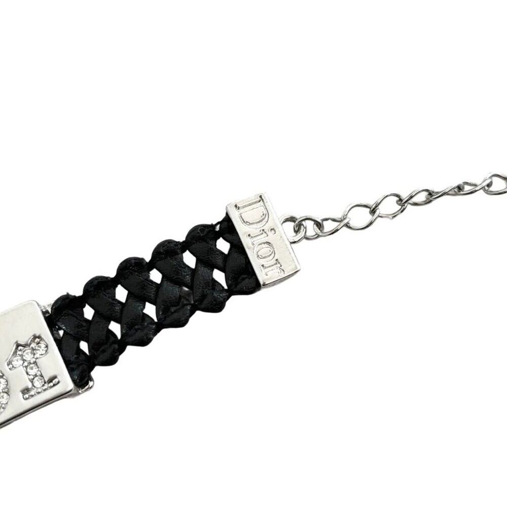 VTG CHRISTIAN DIOR Rhinestone Logo Plate Bracelet Woven Leather Band Y2K - Picture 4 of 9